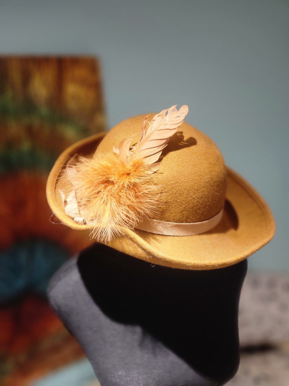 Vintage Women’s Mustard Felt Fedora Hat with Feather Accent